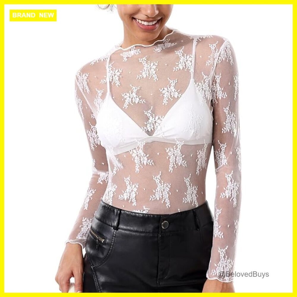 Mesh Long Sleeve Top Lace Sheer Mock Neck Blouse Clubwear S-XXL